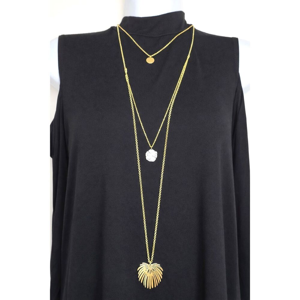 Gold Tone 3 Layer Leaf Floral Pendant Necklace Boho Long 39" Trendy Casual Glam